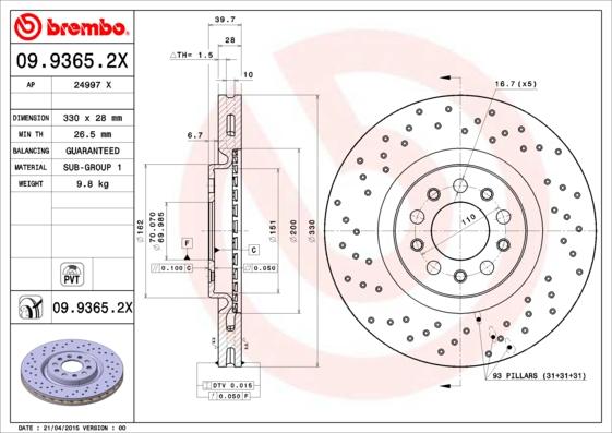 Brembo 09.9365.2X - Δισκόπλακα asparts.gr