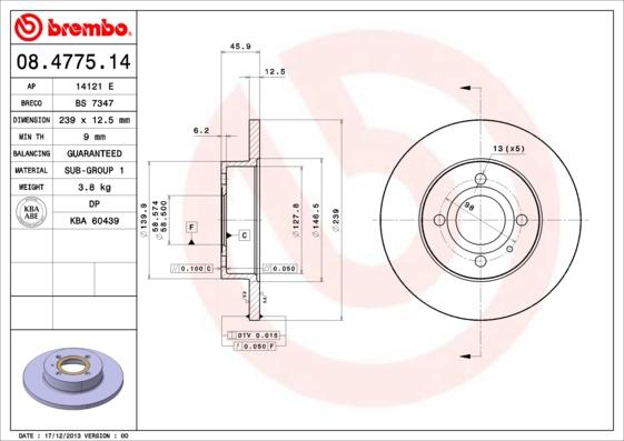 Brembo 08.4775.14 - Δισκόπλακα asparts.gr